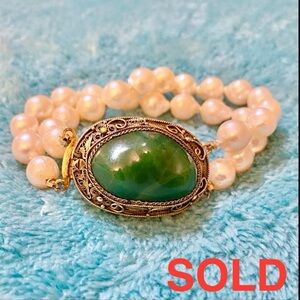 Pearls & Green Stone Sterling Silver Bracelet